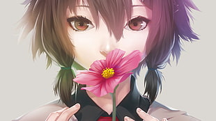 brown haired woman holding pink daisy flower 3D wallpaper HD wallpaper