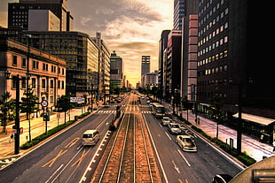cars on road between buildings, hiroshima HD wallpaper