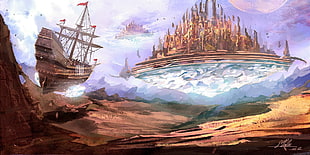 brown boat illustration, boat, desert, airships, fantasy art