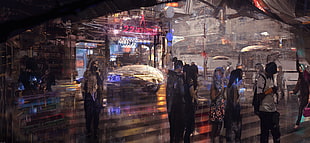 group of people walking on pedestrian lane painting, cyber, cyberpunk, science fiction, fantasy art