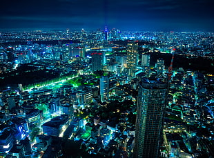 aerial view of metropolis skyscrapers during night