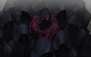 anime character in hood wallpaper, red eyes, crowds, rain, hoods