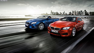 blue and orange BMW advertisement cars