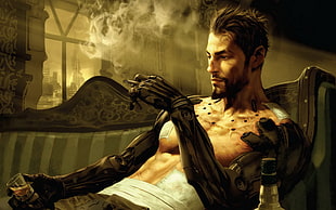 man with cyborg arms holding cigarette stick digital wallpaper, futuristic, Deus Ex: Human Revolution, Deus Ex, cyberpunk
