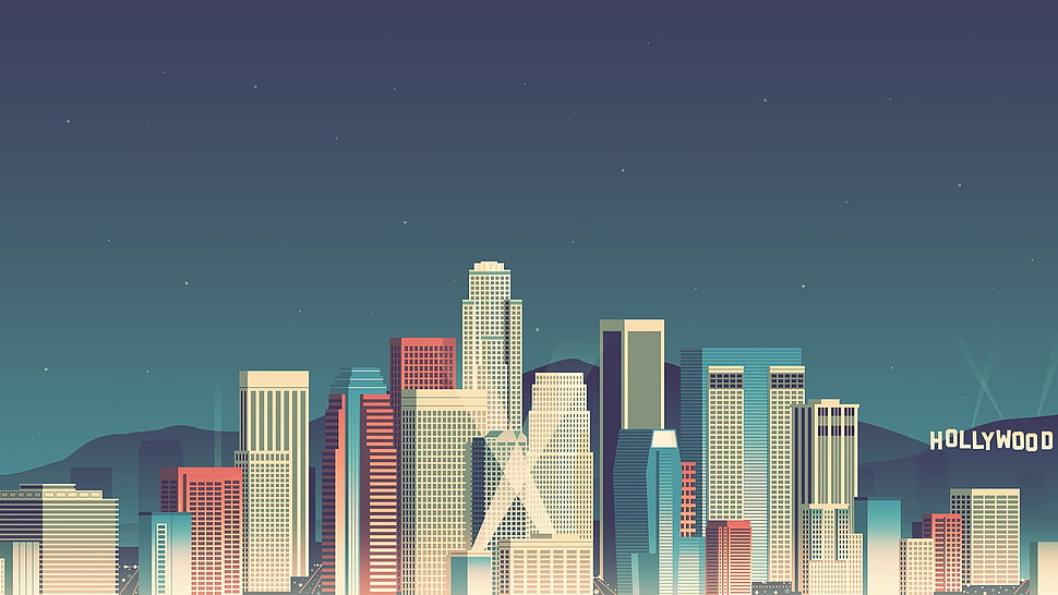 white and blue wooden cabinet, pixels, skyscraper HD wallpaper