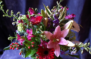 pink Lily, red Gerbera and pink Peruvian Lily bouquet