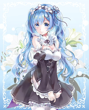 blue haired female anime illustration, white  background, cleavage, maid, Re:Zero Kara Hajimeru Isekai Seikatsu