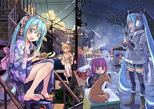 four female character 3D wallpaper, winter, animals, snow, Vocaloid HD wallpaper