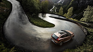 beige 5-door hatchback, car, Volvo, road, landscape