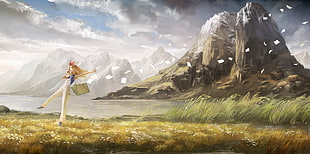 female anime character digital wallpaper, landscape, mountains, bag, paper