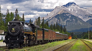 brown and black train, train, steam locomotive, mountains, vehicle HD wallpaper