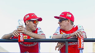 men's red caps, Sebastian Vettel, Kimi Raikkonen, Ferrari F1, ferrari formula 1 HD wallpaper