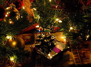 brown gift box near Christmas tree