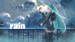 blue haired female anime character holding umbrella