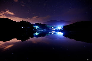 Lake,  Town,  Stars,  Lights HD wallpaper