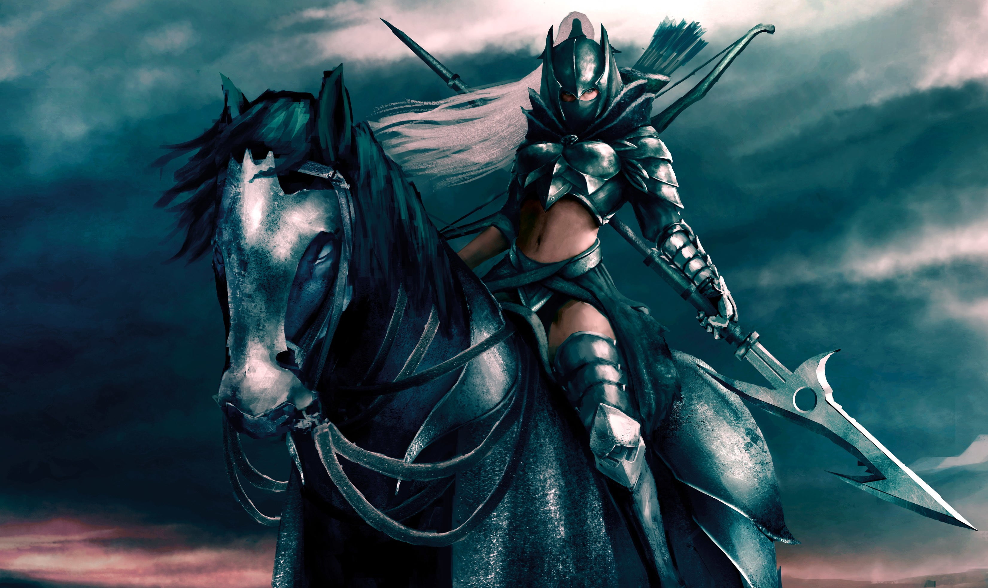 female knight illustration, fantasy art, warrior, horse, artwork