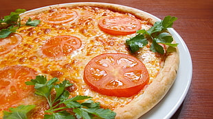 cheese with sliced tomato pizza HD wallpaper
