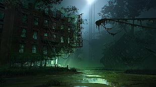 illustration of abandoned building in middle of forest, apocalyptic, artwork, swamp