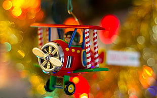 red and silver biplane toy, Christmas HD wallpaper