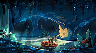 group of people riding a boat inside cave, illustration, fantasy art, looking into the distance