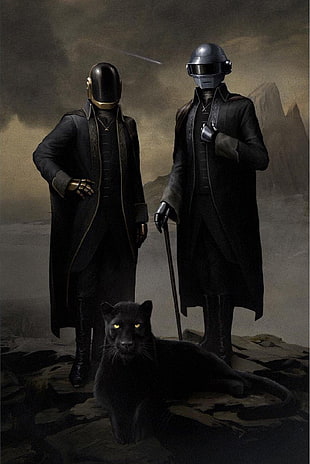 panther lying between two man wearing masks graphic wallpaper, Daft Punk, starboy, painting