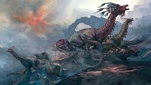 red and brown dinosaurs digital wallpaper, dinosaurs, fantasy art, artwork, animals