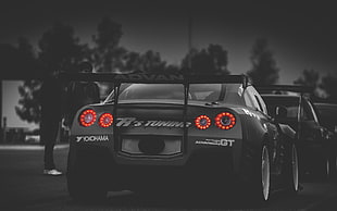 grayscale photo of sports coupe, Nissan GTR, car, monochrome