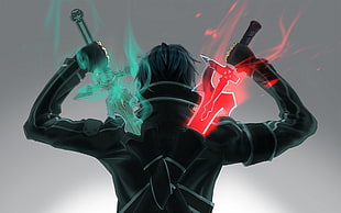 person in black suit holding two green and red swords