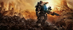 man crouching on robots arm with city in background wallpaper, Titanfall
