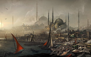 city building illustration, Istanbul, artwork, cityscape, konstantinopel HD wallpaper