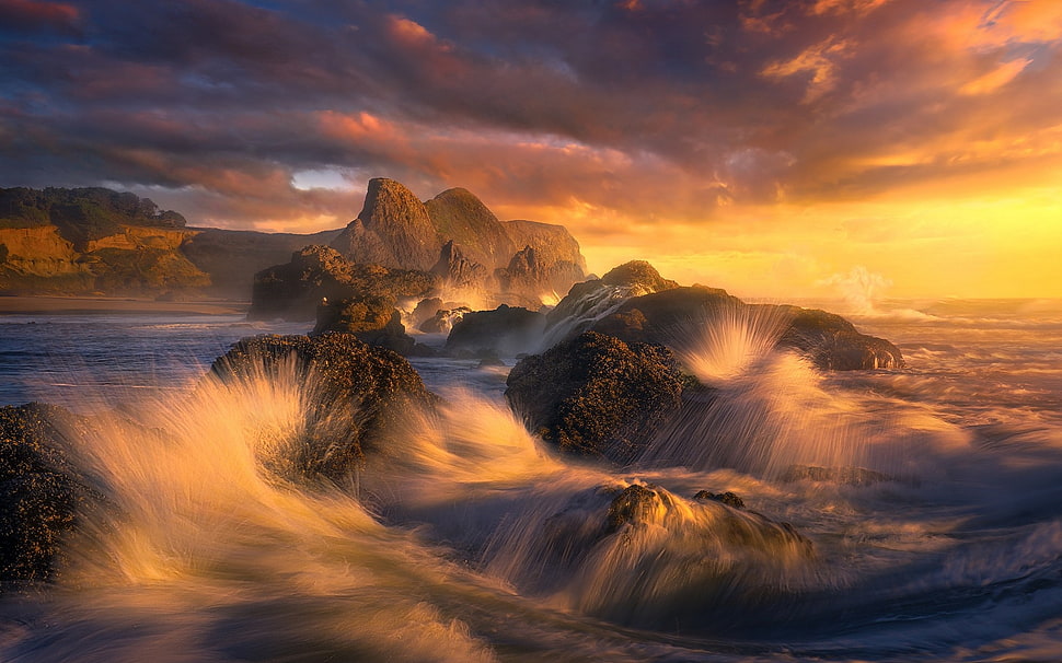 water waves and rock painting, mist, landscape, nature, sunset HD wallpaper