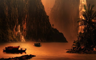 two boats on body of water during sunset painting, nature, landscape, mountains, waterfall