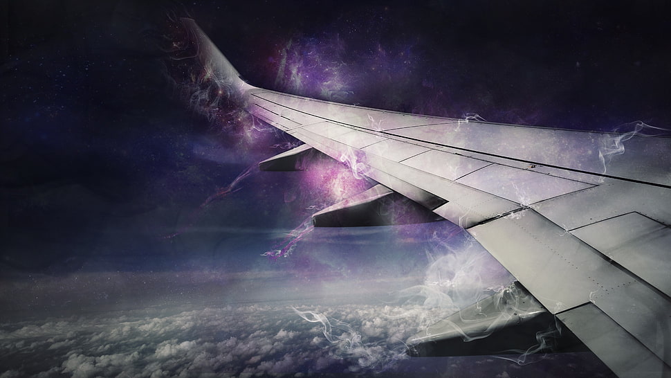 gray airplane wing sketch, galaxy, sky, airplane, clouds HD wallpaper