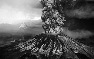 volcano eruption, volcano, smoke, nature, monochrome