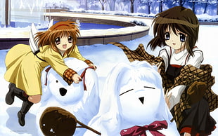 two animated female character playing snow