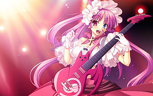 purple-haired female anime character holding guitar