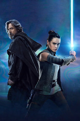 Star Wars concept art, Star Wars: The Last Jedi, Rey (from Star Wars), Luke Skywalker, lightsaber HD wallpaper