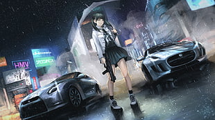gray and black car engine, gun, anime, rain, koh