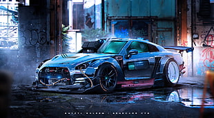 sports car illustration, Khyzyl Saleem, car, Nissan GT-R, futuristic