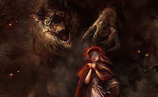Little Red Riding Hood painting, werewolves, Little Red Riding Hood, wolf