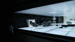 black and white wooden bed frame, interior design, futuristic, Tron: Legacy