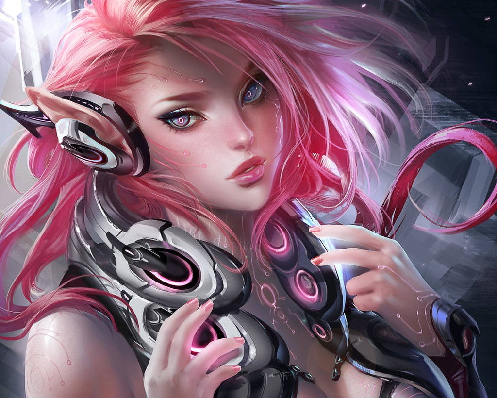 pink haired elf with gray headset digital arwork HD wallpaper.