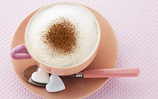 photography of cappuccino coffee in pink ceramic teacup HD wallpaper