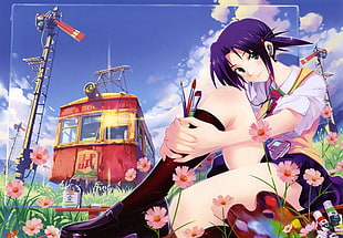 purple haired girl anime character near red train digital wallpaper