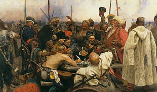 profile of men painting, llya Repin, cossacs, Reply of the Zaporozhian Cossacks to Sultan Mehmed IV of the Ottoman Empire, classic art HD wallpaper