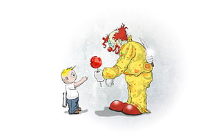 clown giving balloon to boy illustration, clowns, lollipop, creepy, knife