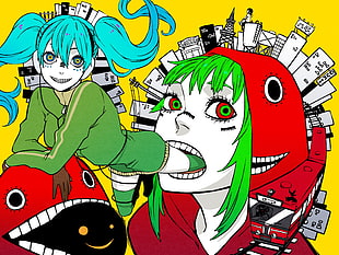 two green and red abstract paintings, Vocaloid, Hatsune Miku, Megpoid Gumi