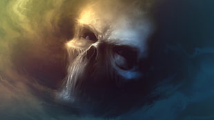 smoke skull illustration, skull, clouds, sky, artwork