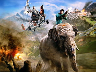 man riding elephant below man in flying cart