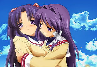 two female character with purple hair